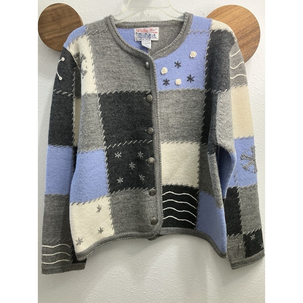 VTG Tally-Ho 100% Wool L Patchwork Sweater Gray Blue Hand Embroidered Made in HK